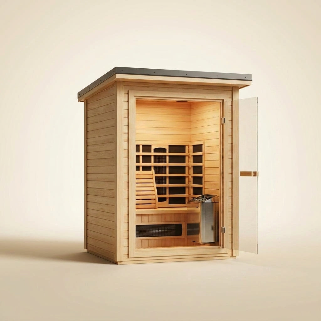 STEALA Nordic Myrren Hybrid Outdoor Sauna (3-Person) — glass door open showing the warmly lit interior