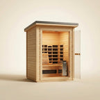 STEALA Nordic Myrren Hybrid Outdoor Sauna (3-Person) — glass door open showing the warmly lit interior
