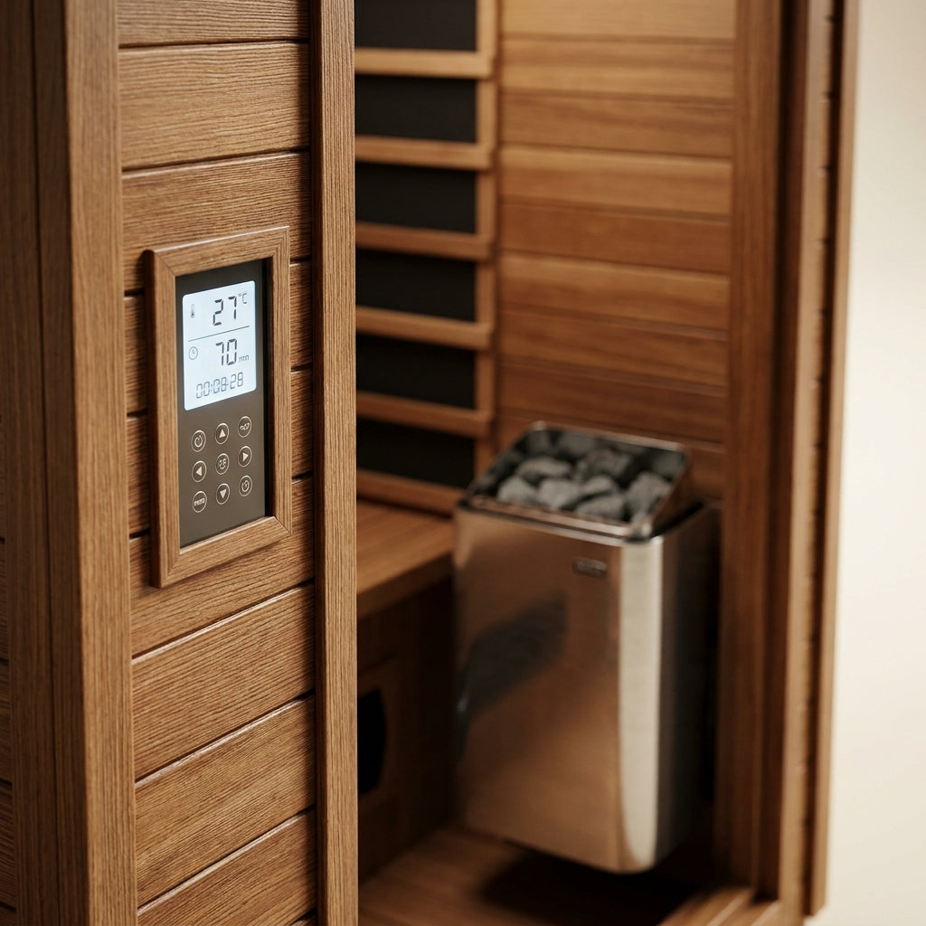 STEALA Nordic Myrren Hybrid Outdoor Sauna (3-Person) — close-up of the digital control panel and heating element