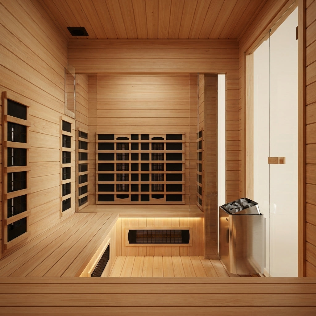 STEALA Nordic Myrren Hybrid Outdoor Sauna (3-Person) — interior view of the bench seating and lighting