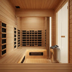 STEALA Nordic Myrren Hybrid Outdoor Sauna (3-Person) — interior view of the bench seating and lighting