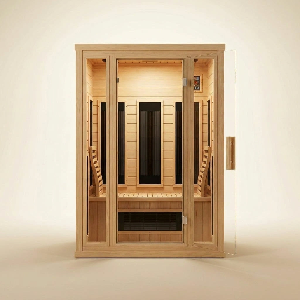 STEALA Nordic Vessna Infrared Sauna (2-Person) — glass door open showing the warmly lit interior