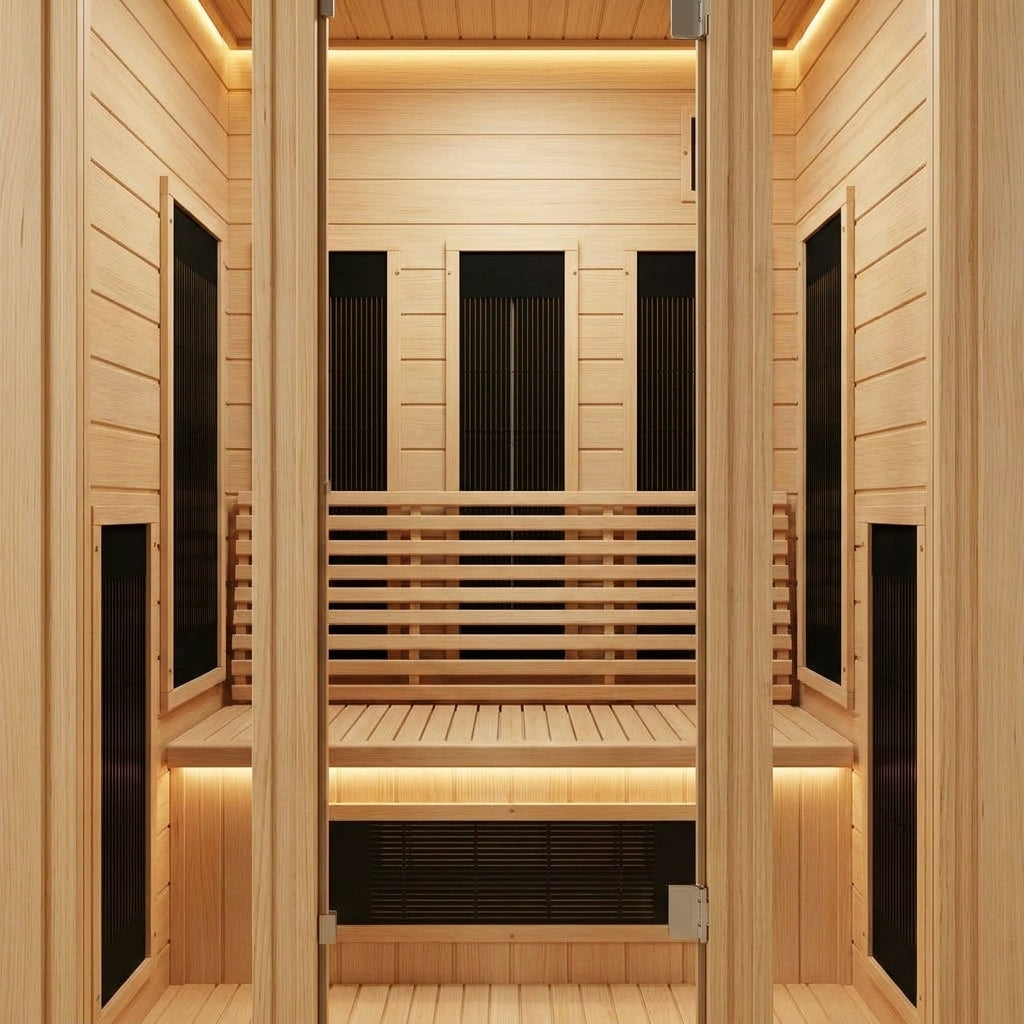 STEALA Nordic Vessna Infrared Sauna (2-Person) — interior view of the bench seating and lighting
