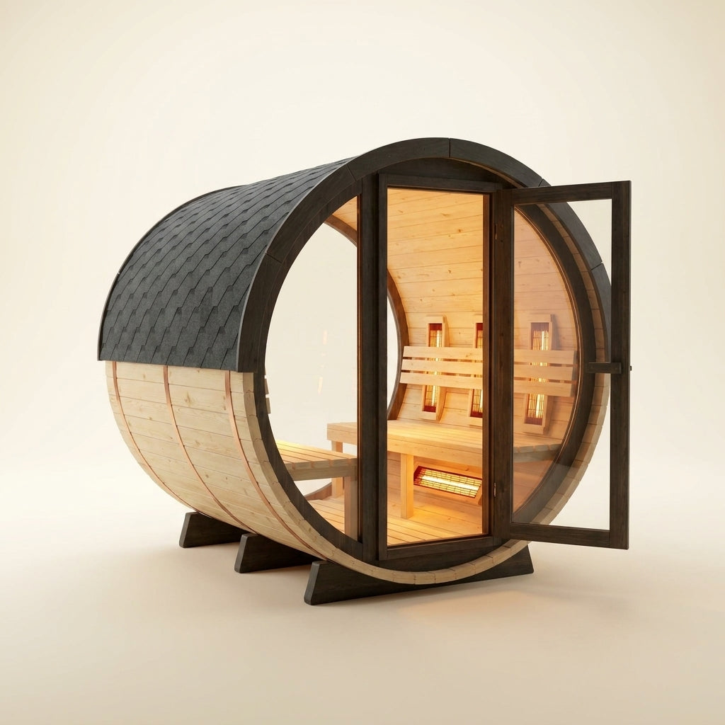 STEALA Nordic Brynsund Barrel Sauna (4-Person) — glass door open showing the warmly lit interior