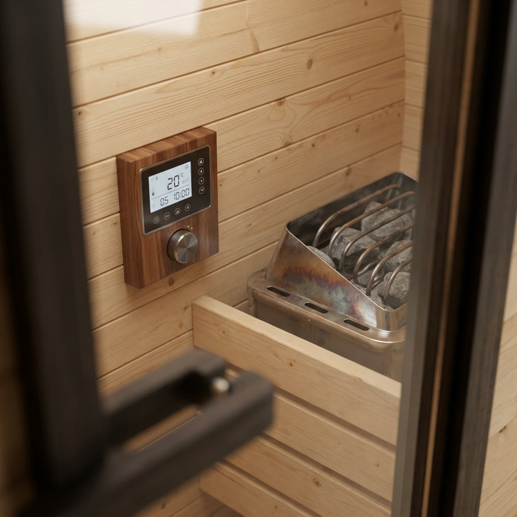 STEALA Nordic Brynsund Barrel Sauna (4-Person) — close-up of the digital control panel and heating element