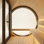 STEALA Nordic Brynsund Barrel Sauna (4-Person) — interior view of the bench seating and lighting