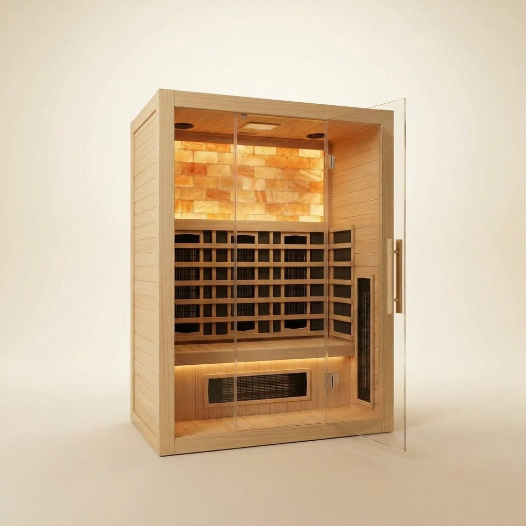 STEALA Nordic Velsund Infrared Sauna (2-Person) — glass door open showing the warmly lit interior