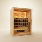 STEALA Nordic Velsund Infrared Sauna (2-Person) — glass door open showing the warmly lit interior