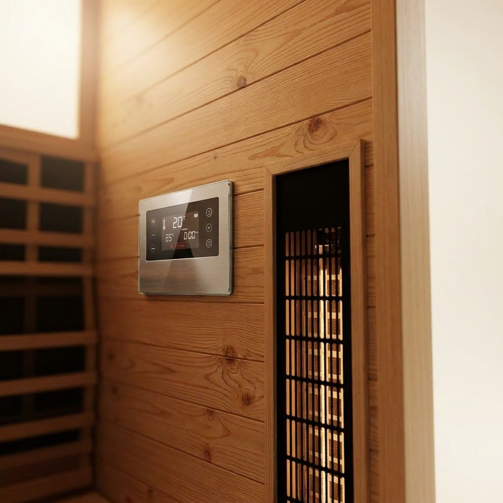 STEALA Nordic Velsund Infrared Sauna (2-Person) — close-up of the digital control panel and heating element