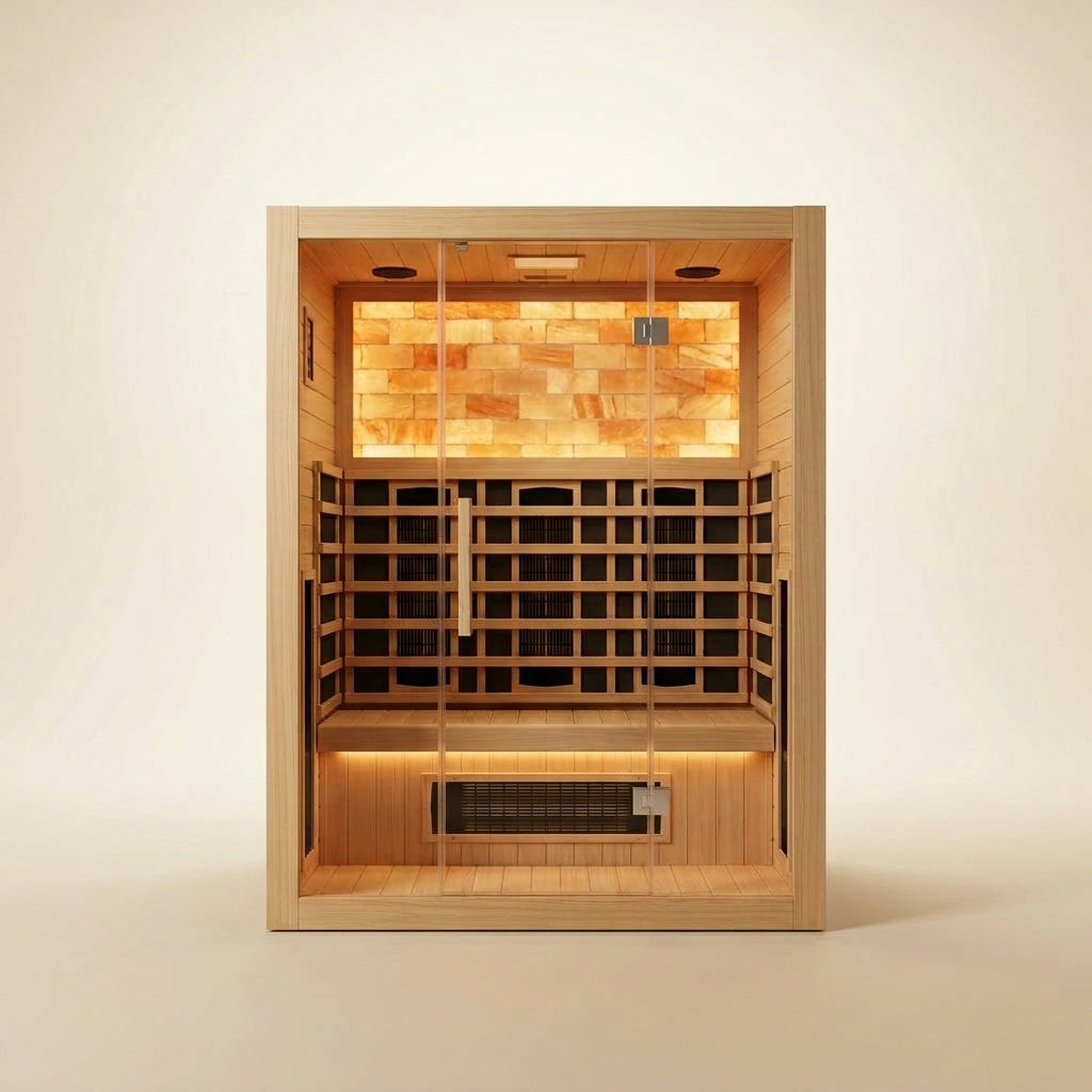 STEALA Nordic Velsund Infrared Sauna (2-Person) — interior view of the bench seating and lighting