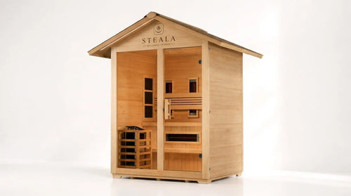 STEALA Nordic Carinthia Elite 3-Person Outdoor Hybrid Steam + Infrared Sauna — three-quarter angle view