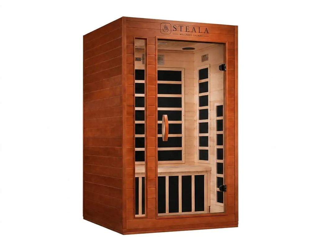 STEALA Nordic Cordoba Elite Compact 2-Person Indoor Infrared Sauna — three-quarter angle view