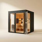 STEALA Nordic Norhelm Premium Cube Sauna (4-6 Person) — glass door open showing the warmly lit interior