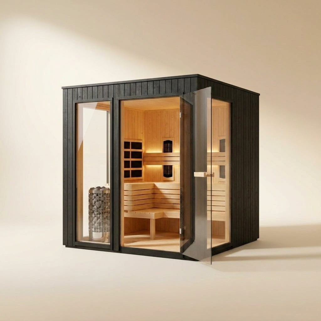 STEALA Nordic Norhelm Premium Cube Sauna (4-6 Person) — glass door open showing the warmly lit interior