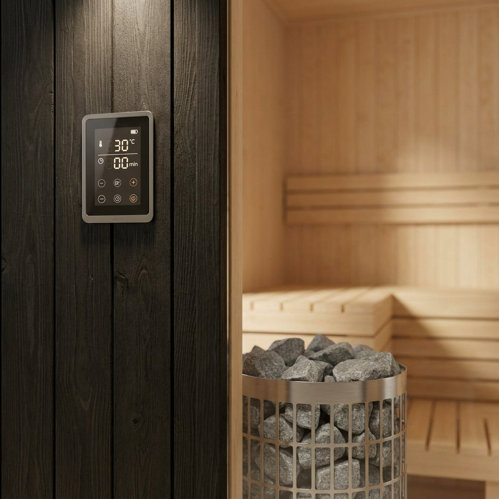 STEALA Nordic Norhelm Premium Cube Sauna (4-6 Person) — close-up of the digital control panel and heating element
