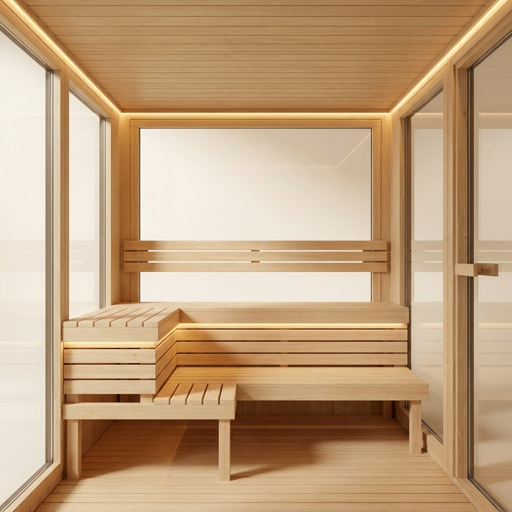 STEALA Nordic Norhelm Premium Cube Sauna (4-6 Person) — interior view of the bench seating and lighting